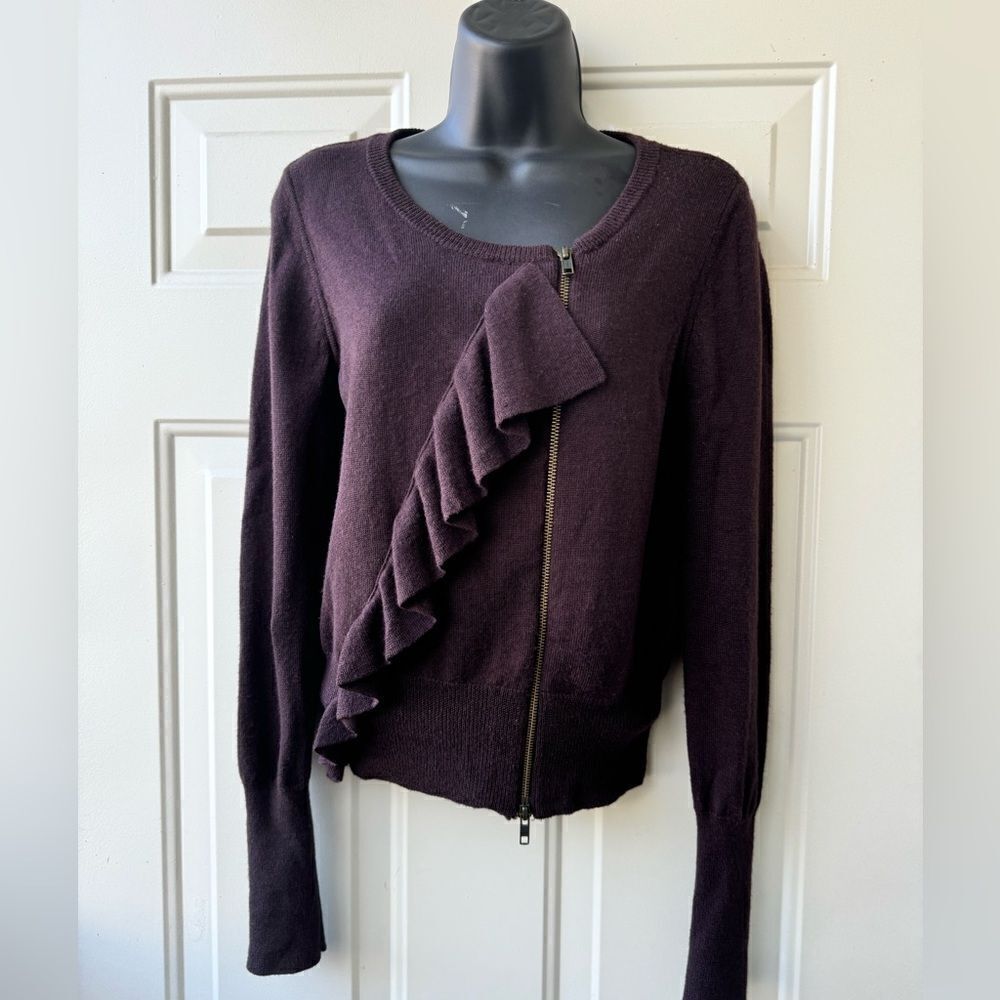 J Crew Merino Wool Ruffle Moto Sweater Exposed Zip Closure S Chocolate